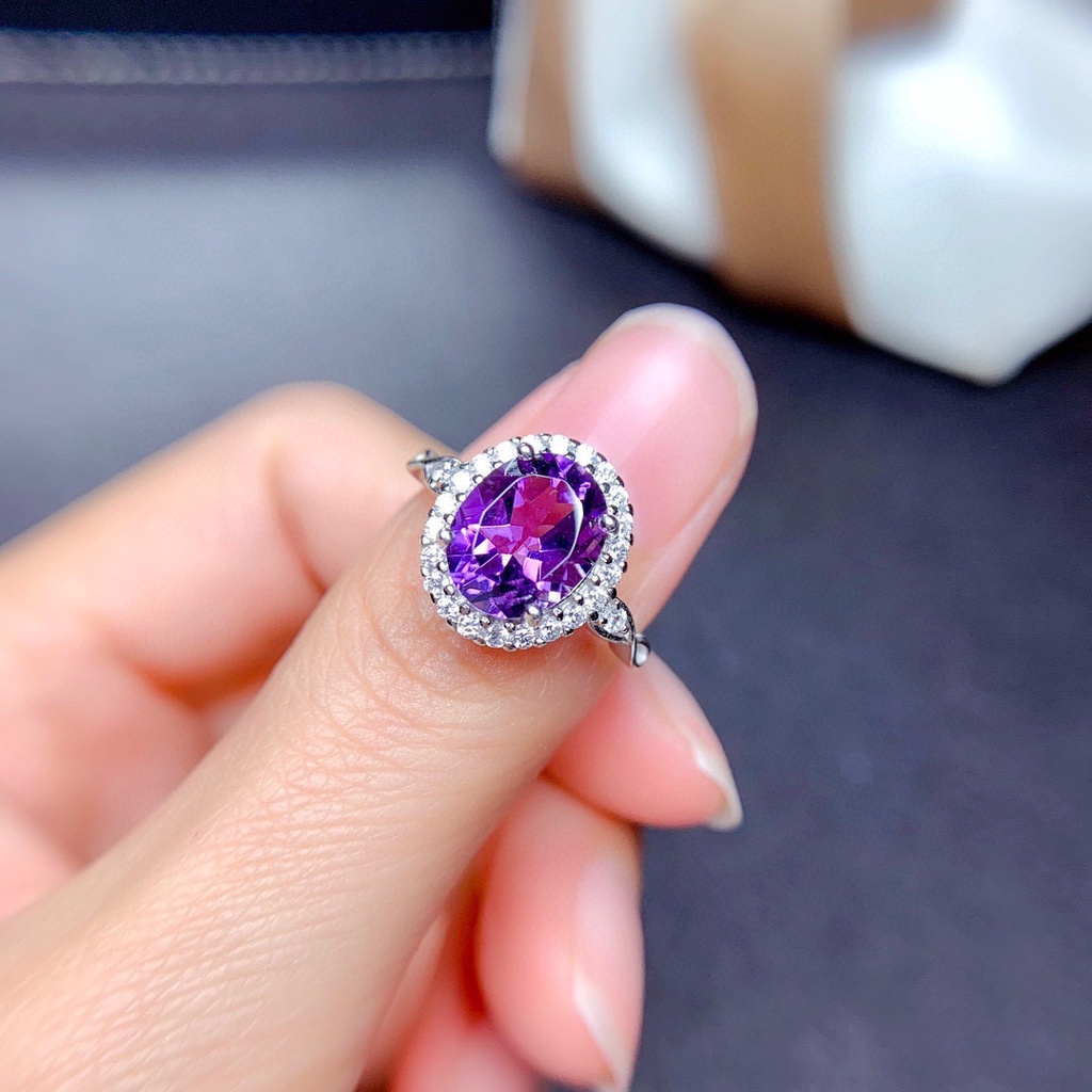 Cincin Berlian Oval Wanita 925 Perak Ungu