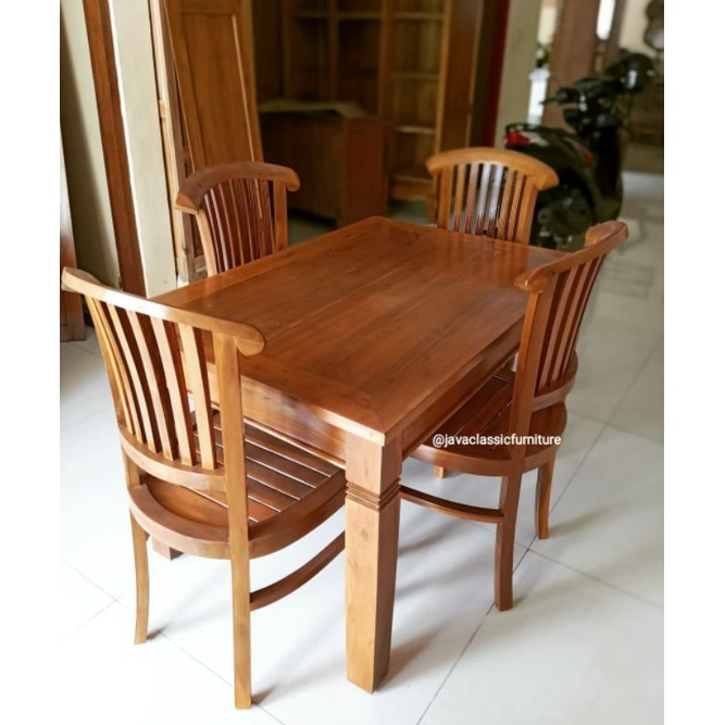KURSI MEJA MAKAN BANTENG MINIMALIS MURAH 1 SET+KACA BIASA UNTUK CAFE RESTORAN RUMAH MAKAN BAHAN KAYU JATI SEMI FINISHING NATURAL VINTAGE PRODUKSI JEPARA-1