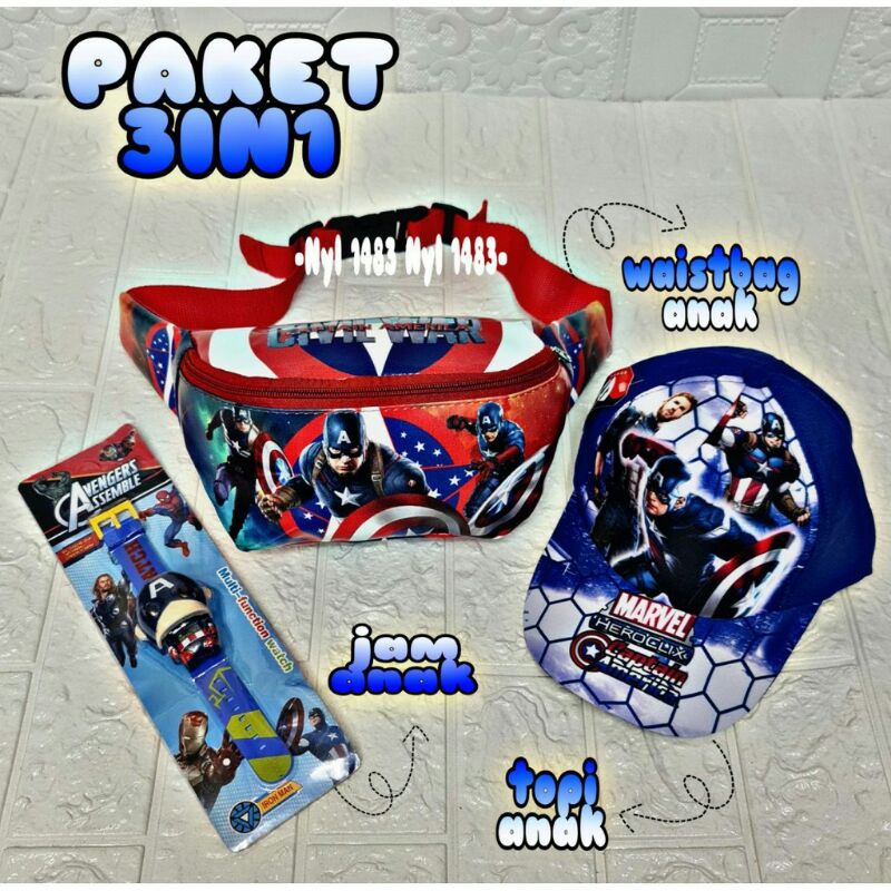 PAKET HEMAT 3IN1 TAS SELEMPANG ANAK LAKI LAKI TOPI ANAK DAN JAM ANAK AVENGER WAISTBAG ANAK