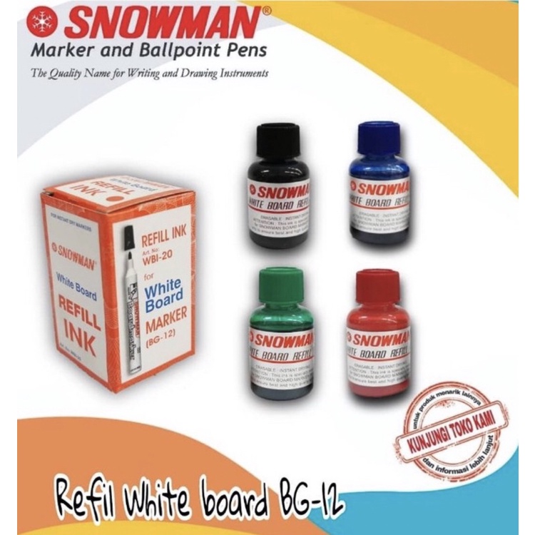 

TINTA SPIDOL BISA DIHAPUS MEREK SNOWMAN / REFIL SPIDOL SNOWMAN WHITE BOARD / REFIL INK WBI-20 HITAM / BIRU / MERAH / HIJAU