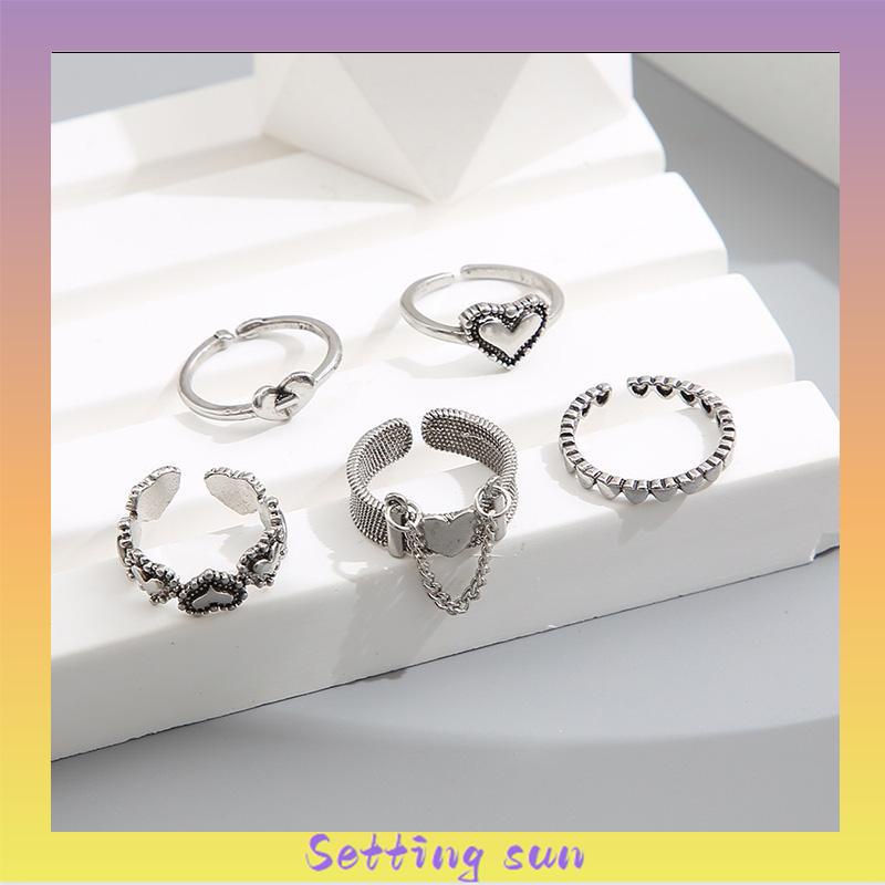 5pcs / Set Cincin Jari Telunjuk Model Terbuka Desain Hati Hollow Gaya Retro TN