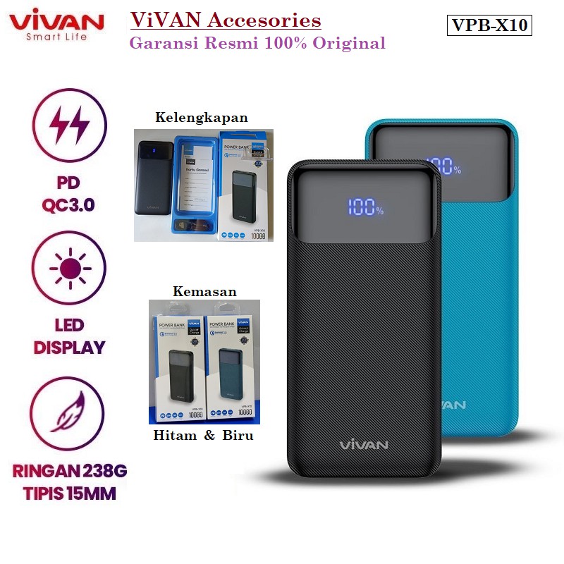 Powerbank Vivan VPB-X10 10000mAh 20W PD Quick Charge LED Power Bank