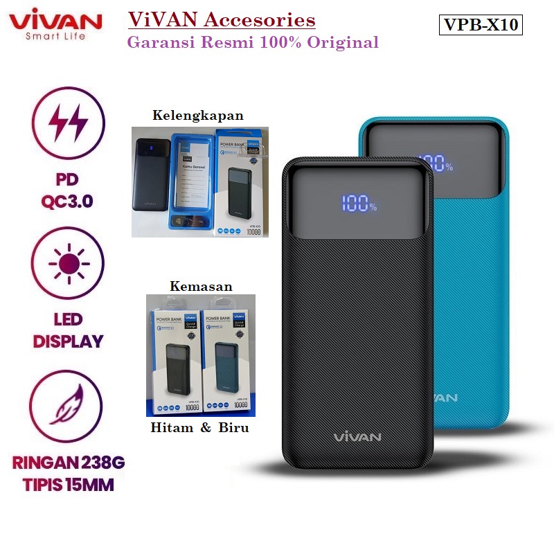 Powerbank Vivan VPB-X10 10000mAh 20W PD Quick Charge LED Power Bank