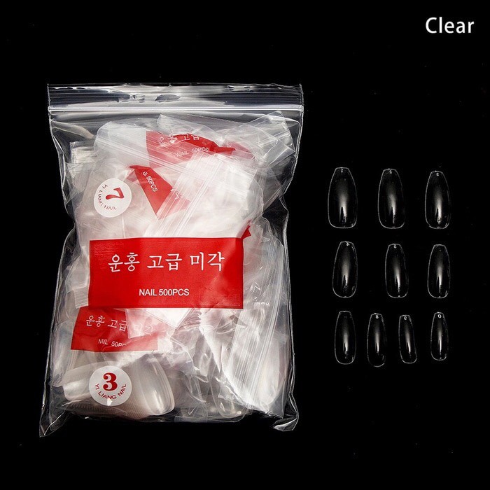 500pcs LONG COFFIN kuku palsu clear transparant 500pcs ballerina fake nails coffin