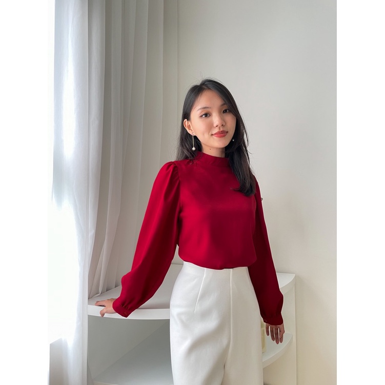 Kadaka T-0321 Blouse High Neck Tangan Panjang Puffy Korea
