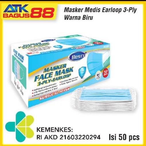 FACE MASK 3 PLY EARLOOP /pack MASKER MEDIS BESCO TERMURAH