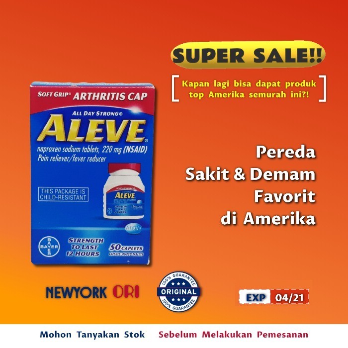 Aleve Naproxen Sodium Tablets 200 mg Pain Reliever/Fever Reducer (NSAID), 50 Tablets