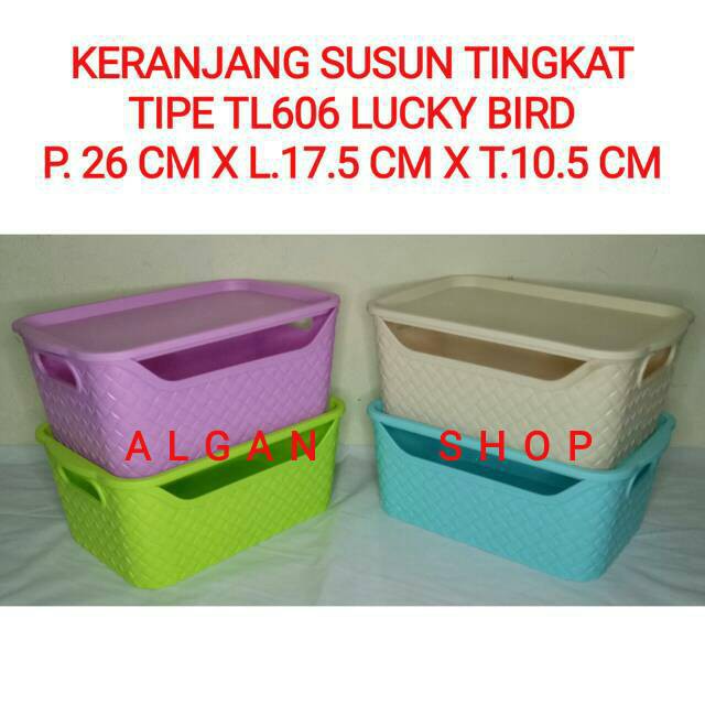 Keranjang Plastik TL 606 Tutup Lucky Bird Tingkat Susun Segi Bakul Tray Basket Box Container Mini