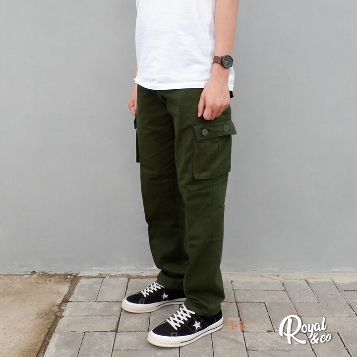 CELANA CARGO PANJANG SLIM STRAIGHT GREEN ARMY / CARGO PANTS TWILL / CARGO GREEN ARMY