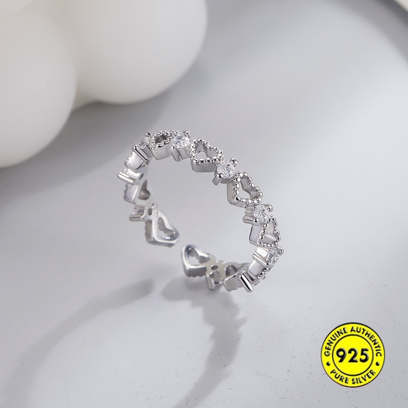 Cincin Model Terbuka Bahan Sterling Silver 925 Desain Hati Hollow Hias Berlian Untuk Wanita