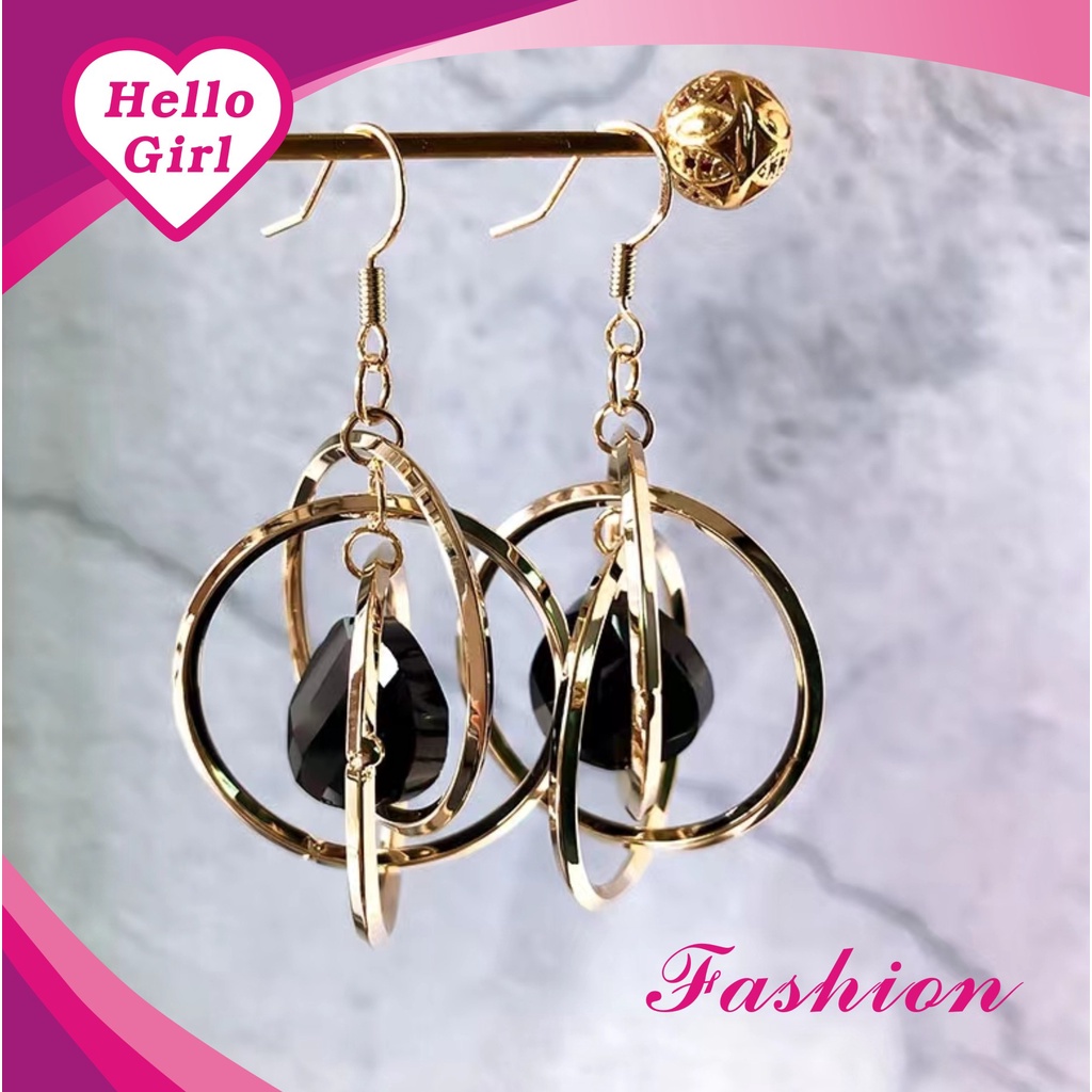 (Hello Girl)E39 Anting Wanita Anting Hook Permata Hitam Silver 925 Import