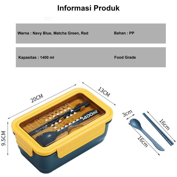 Tempat Kotak Bekal Makan Lunch Box Anak Plastik 1400ml Bento Box