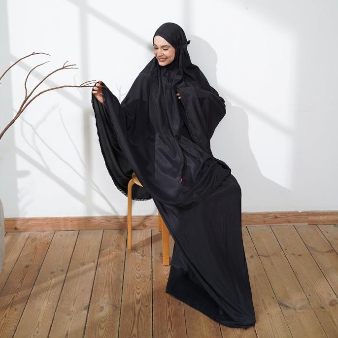 ------] Mukena Tatuis Tiara 504 Katun Silk Polos Renda Hitam Putih Abu Travel