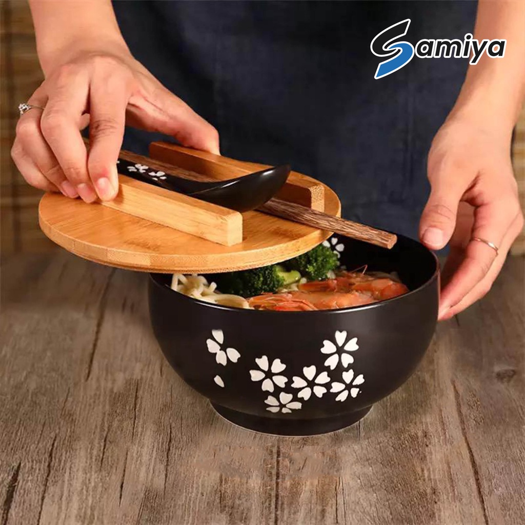 japanese ramen bowl set / mangkok mie  bakmi free sendok sumpit tutup kayu / korean soup bowl noodle