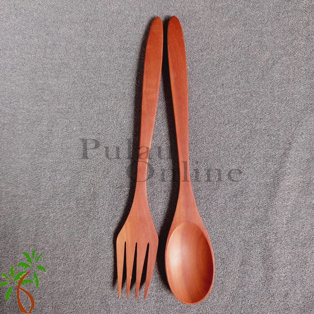 Set Sendok Garpu Makan Saji Kayu Sawo | Wooden Cutlery Spoon | Alat Makan Kayu - Pulau Online