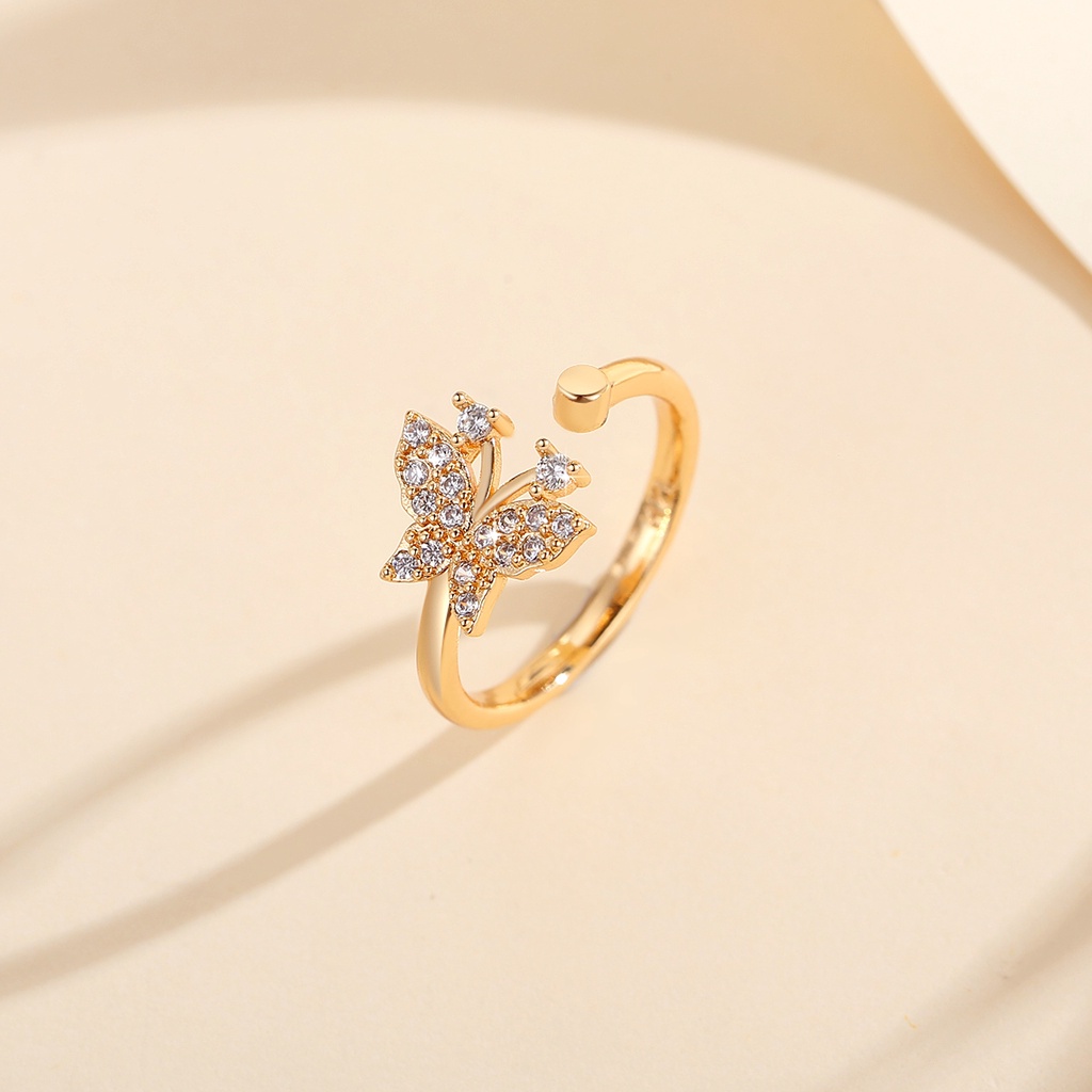 Y692 【COD】 Cincin Kupu-Kupu Adjustable Titanium Kristal Emas Fashion Wanita Perhiasan Rings