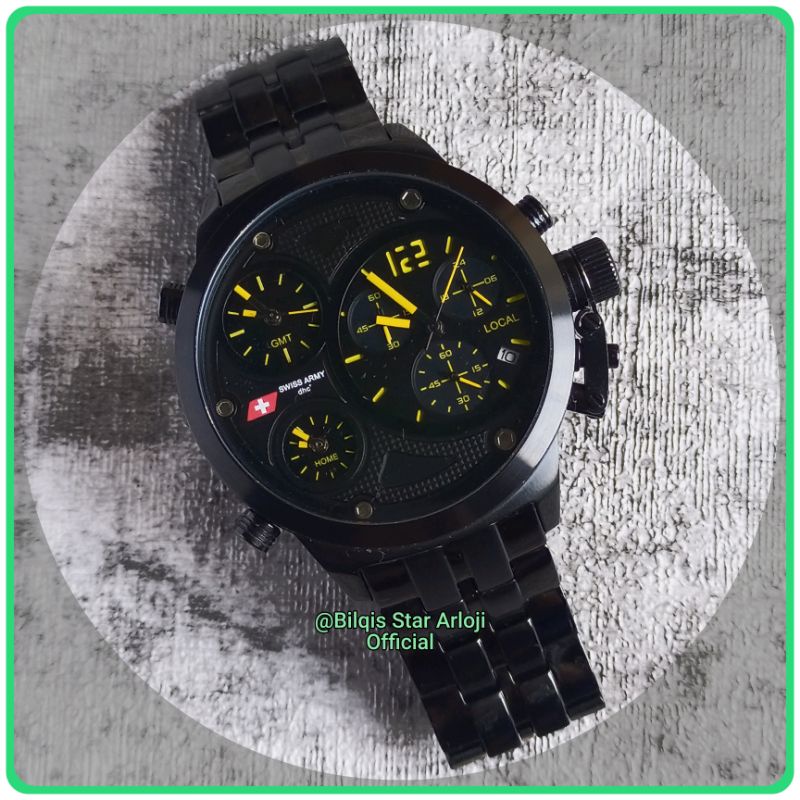 Jam Tangan Swiss Army 24070 Triple Time Tali Rantai Hitam Original
