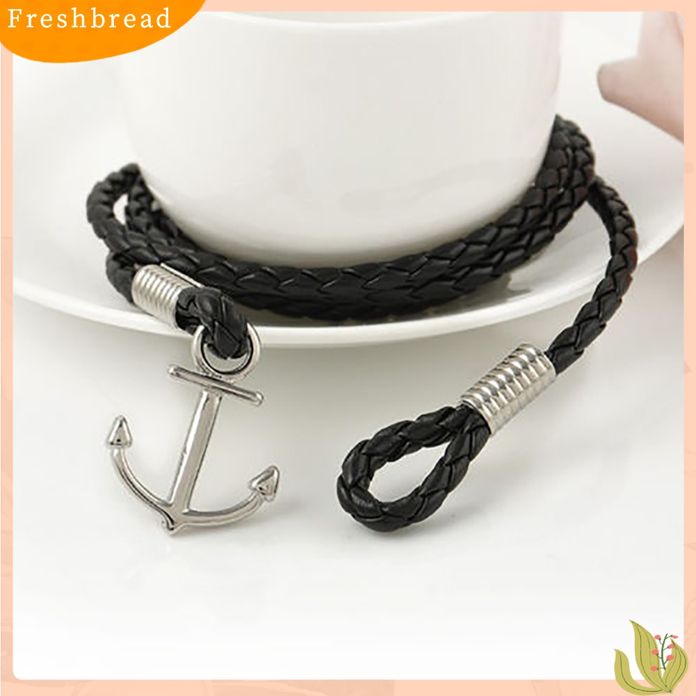 ? Fresh ? Gelang Bangle Kulit Imitasi Kepang Multilayer Motif Jangkar untuk Pria