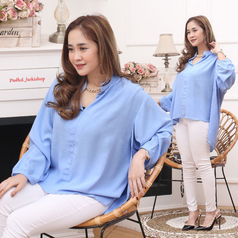 Kemeja Oversize Wanita Blouse Rayon Crinkle Baju Atasan Wanita Lengan Panjang Jumbo