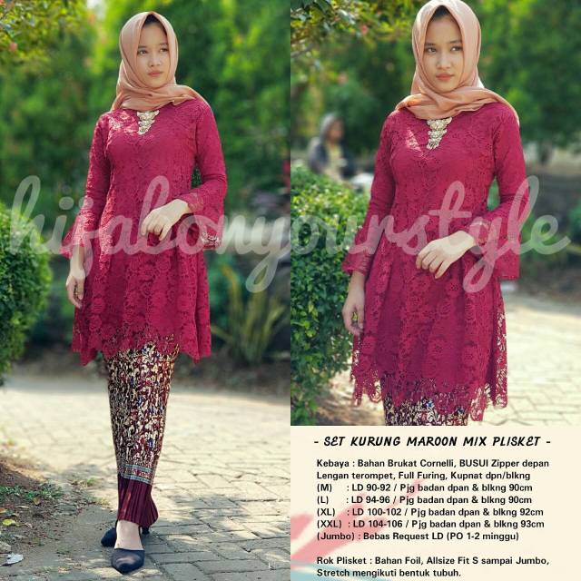 SET KEBAYA KURUNG MAROON MIX ROK PLISKET
