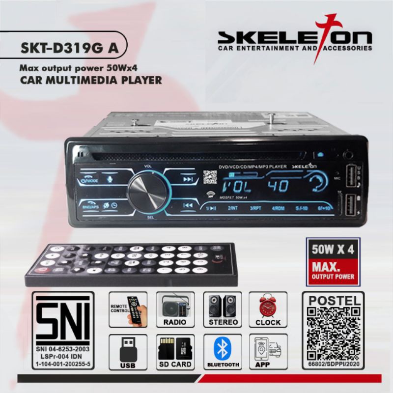 HEAD UNIT SINGLE DIN DVD BLUETOOTH SKELETON SKT-D319G A