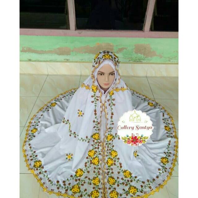Mukena bordir mukena KD motif bunga matahari timbul putih bunga kuning