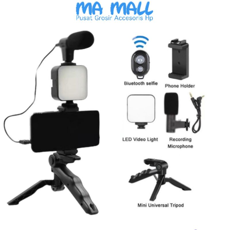 Vlogging Kit Paket Video Making 5in1 AY49 LED Tripod  Phone Holder Hp Handphone