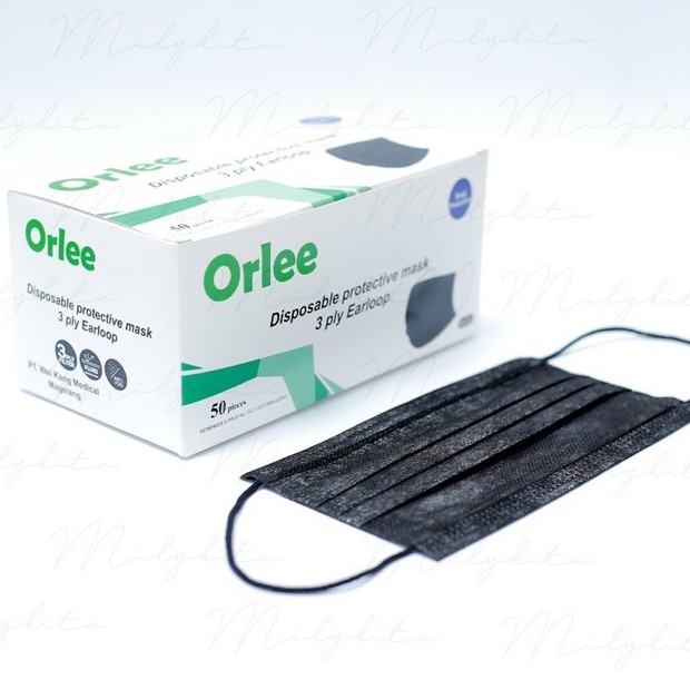 Masker Orlee Disposable Hitam 3 ply Earloop Original Emboss 50 pcs Black
