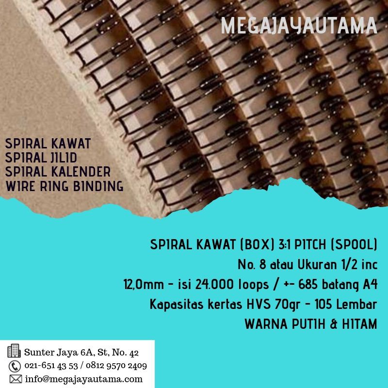 

SPIRAL KAWAT SPIRAL JILID WIRE RING BINDING 3:1 PITCH SPOOL 1/2 INC isi 24.000 loops 685 batang A4