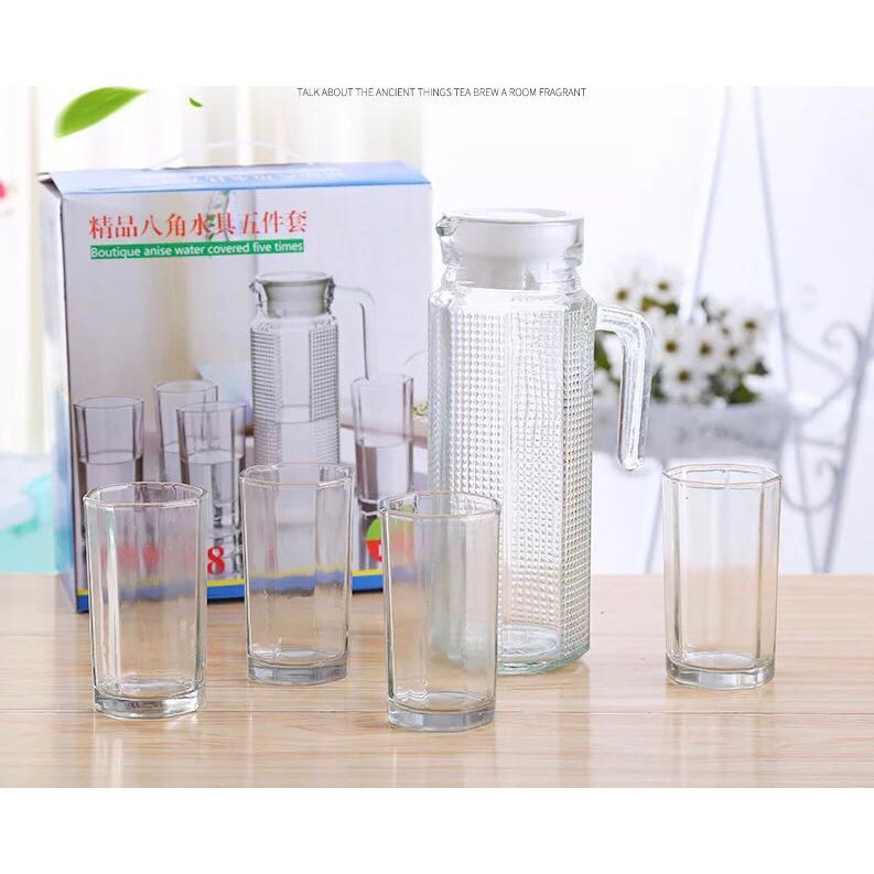 Water Glass Set Garis [4 Glass + 1 Jug] - [CEK DESKRIPSI]