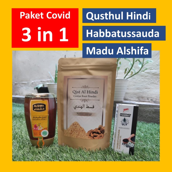 

Paket Covid 3 in 1 : Qusthul Hindi + Habbatussauda Cair+ Madu Alshifa