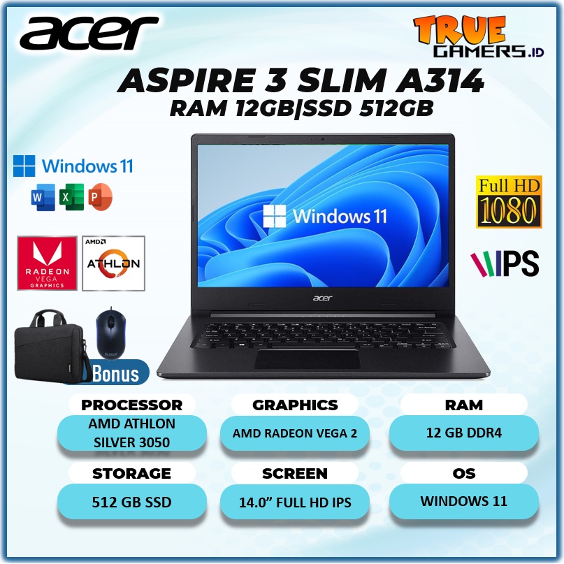 Laptop Acer 2023 A314 Ryzen 3 7320 RAM 8GB 1TBssd FREE OHS 14 inch