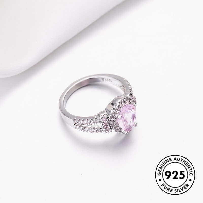 Cincin S925 Silver Bentuk Water Drop Aksen Berlian Warna Pink