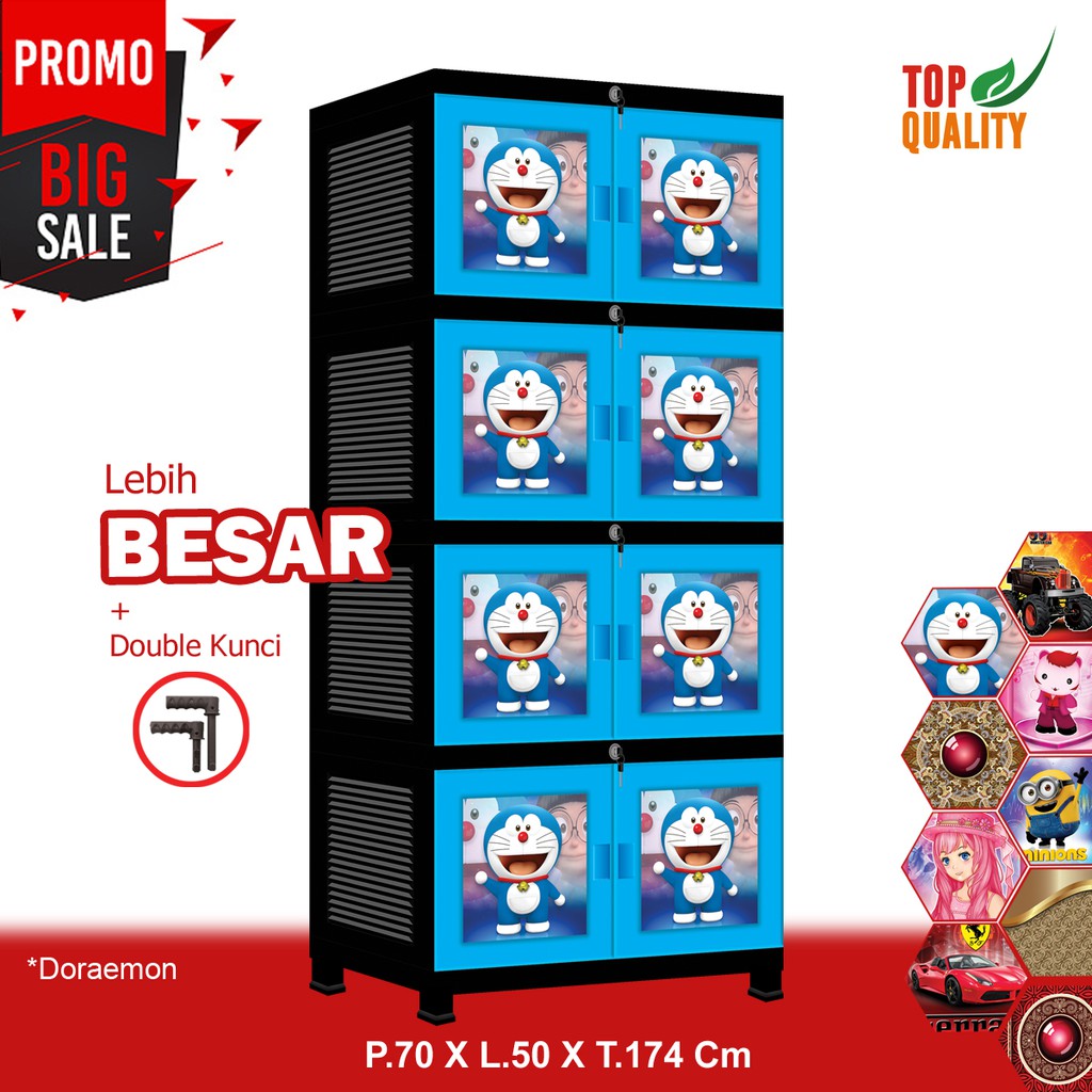 LEMARI PLASTIK PAKAIAN 4 SUSUN LEMARI PAKAIAN ANAK 8 KUNCI DORAEMON
