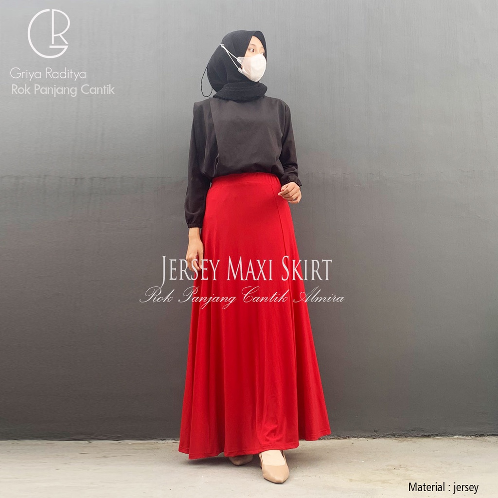 Rok Panjang Polos Ironless  Maxi Skirt Model A line Fit n Flare Rok Jersey Almira Griyaraditya