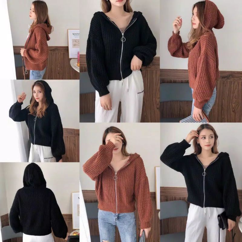 JAKET WANITA OVERSIZE RESLETING RAJUT OUTER ZIPPER ( TEBAL )