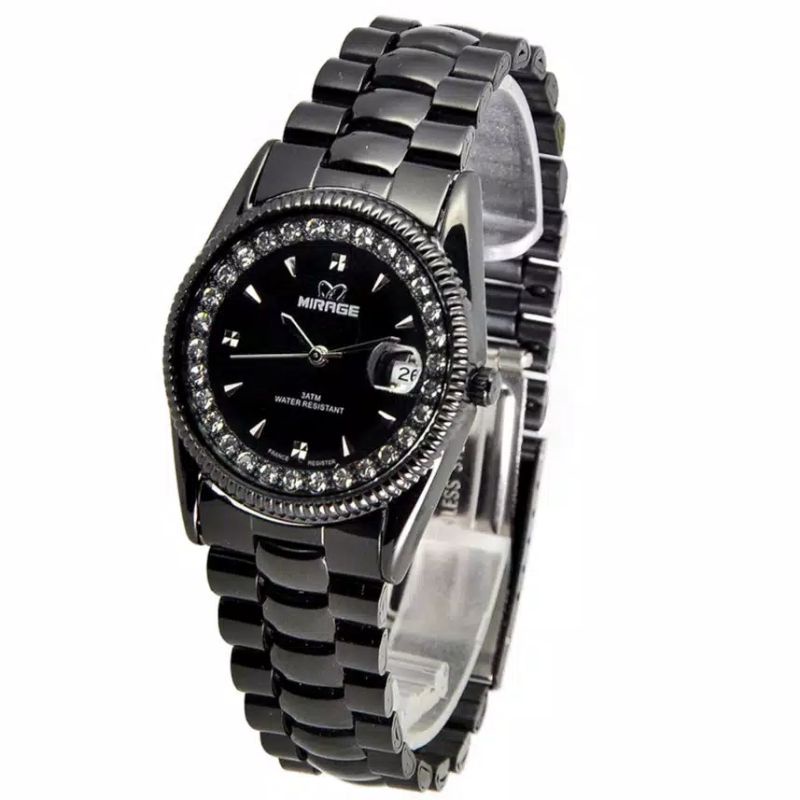 JAM TANGAN WANITA MIRAGE ORIGINAL FULL BLACK WATER PROFF JAM TANGAN WANITA HITAM PERMATA JAM TANGAN WANITA TERLARIS JAM TANGAN RANTAI BESI JAM TANGAN CEWEK TERLARIS FREE BOX DAN BATRAI MIRAGE ORIGINAL