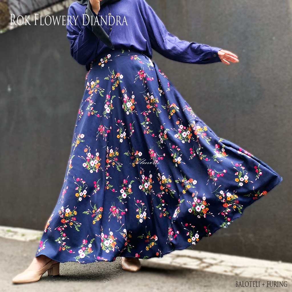 Rok Panjang Wanita  Payung Muslimah Motif Bunga Flowery Diandra Umbrella Skirt Rok Maxi Rok Flare