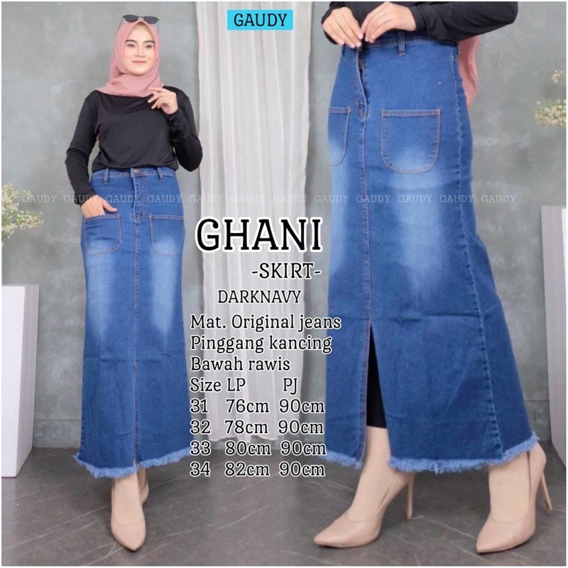 GHANI SKIRT JEANS PINGGANG KARET DEPAN BAWAH BELAH SIZE 31-34