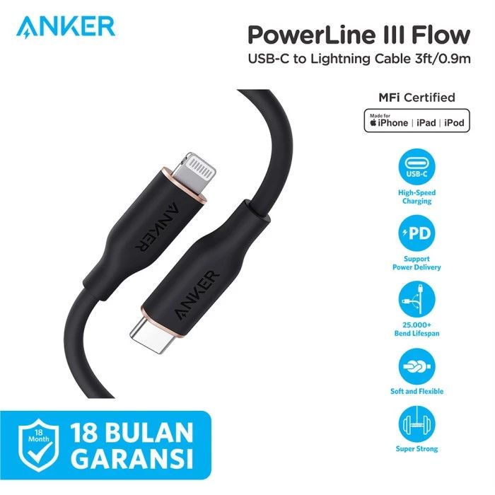 Anker PowerLine III Flow USB Type C to Lightning 3ft(0.9m) - SKU : A8662