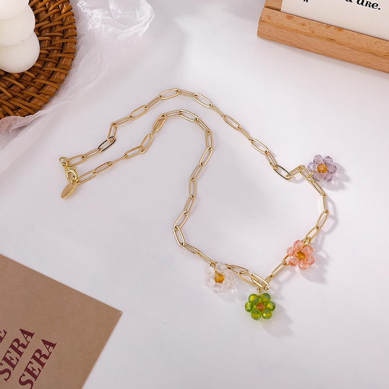 Vintage Colorful Braided Crystal Flower Necklace Clavicle Chain Metal Necklace