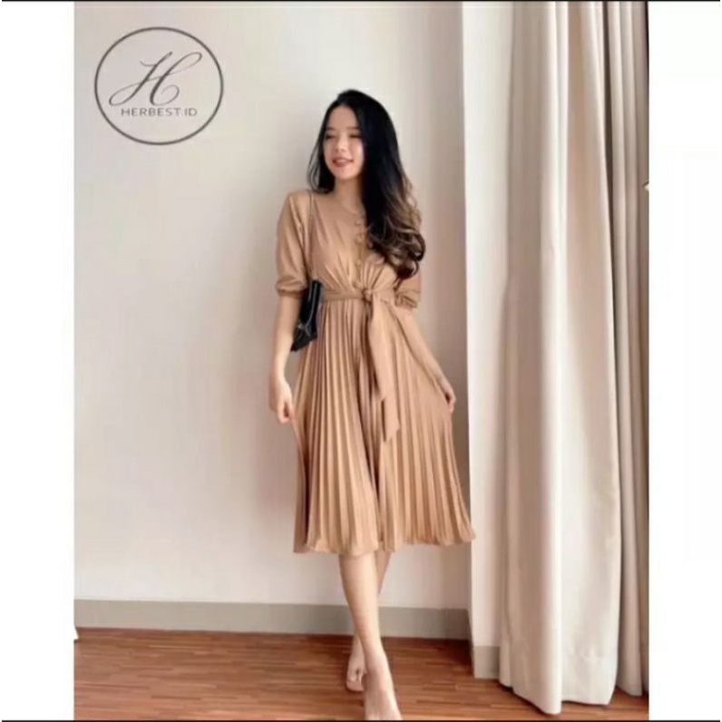 Dress Casual Formal Fashion Korean daster Wanita kombinasi Plisket
