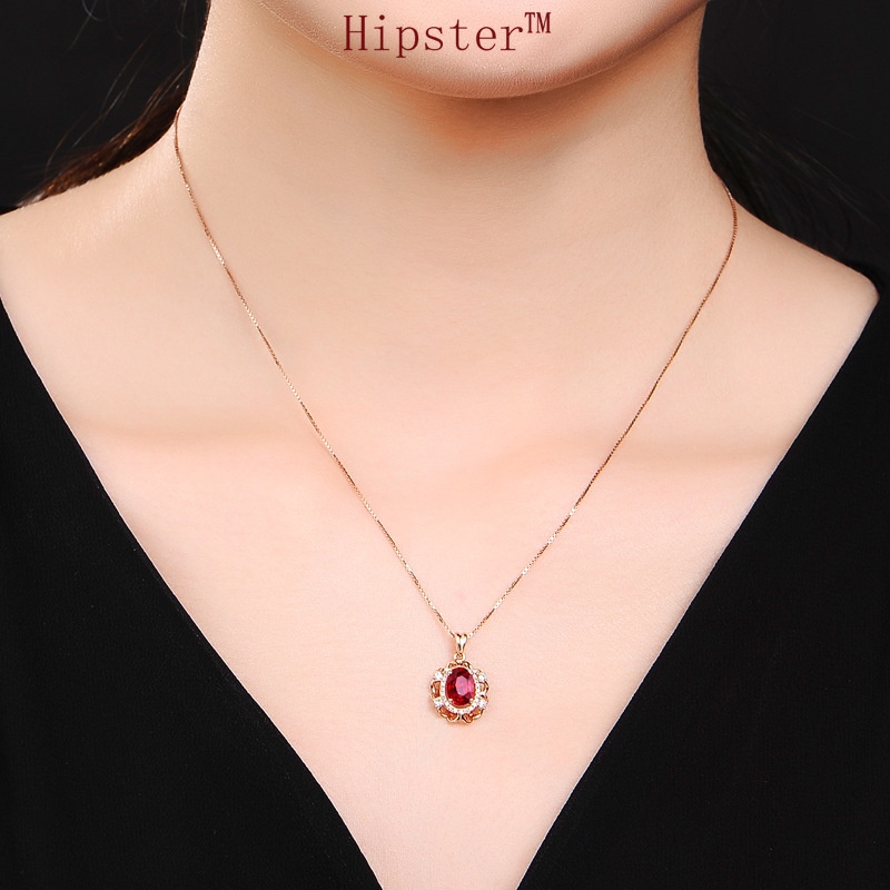 Full Diamond Natural Ruby Pendant Vintage Rose Gold Necklace