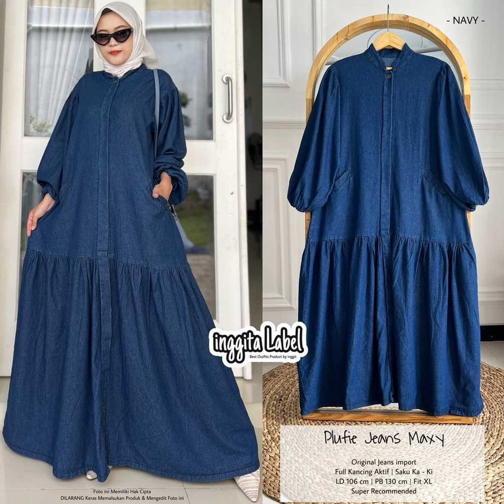 PLUFIE JEANS MAXY BY INGGITA LABEL TERUSAN DRESS MAXY JEANS WANITA CASUAL POLOS BAHAN ORIGINAL JEANS