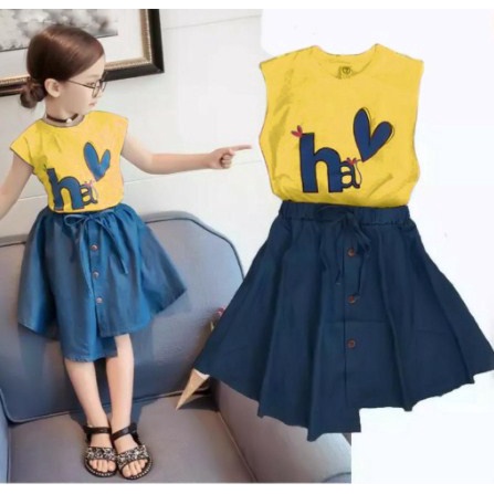 Baju Setelan Anak Cewek Usia Umur 3 4 5 Tahun Thn Set Perempuan Stelan Lengan Pendek + Rok Bunga / S