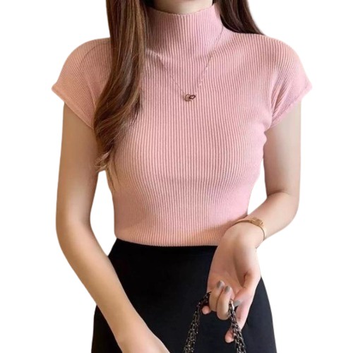 Atasan Rajut Wanita Turtleneck - Kerah Tinggi Lengan Pendek - turtleneck Knit Premium