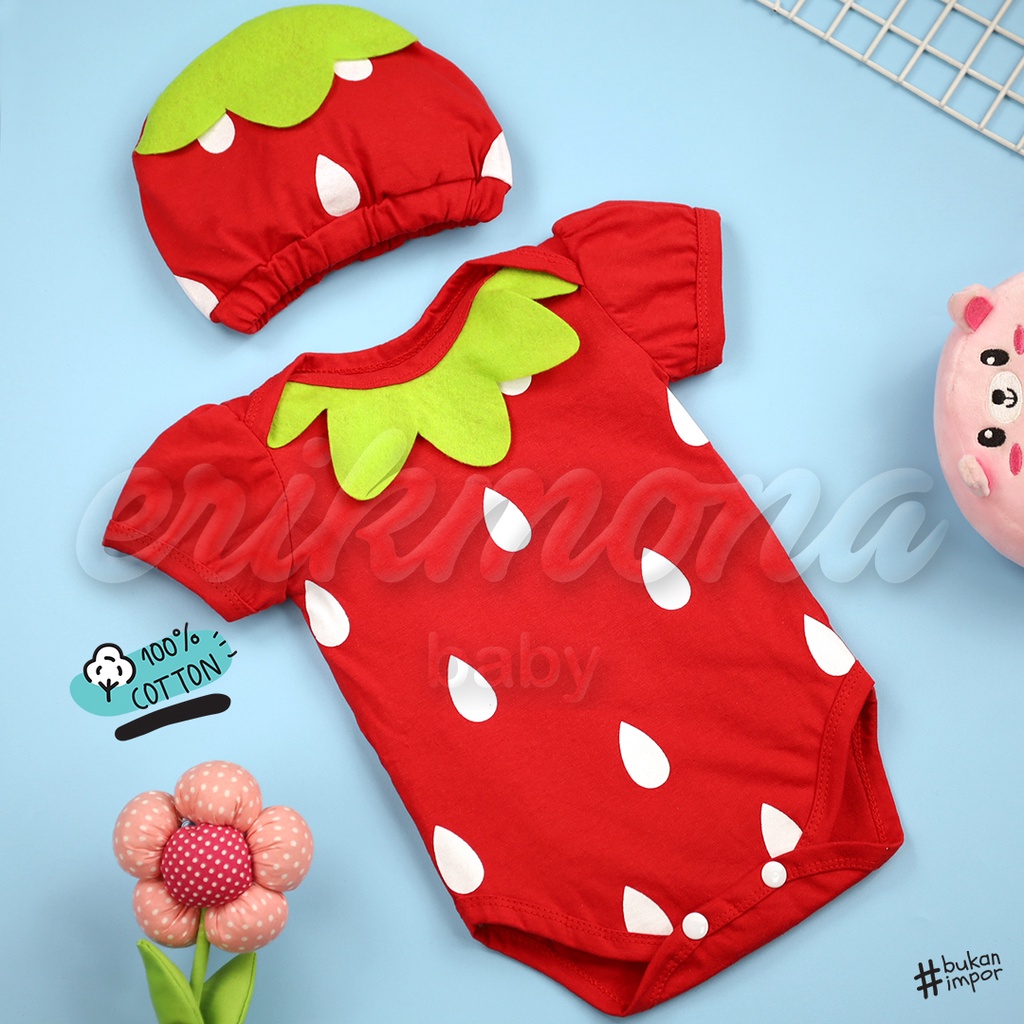 Ermon Baby - Jumper Bayi Laki Laki Perempuan Jumper Baby Cowok Cewek Lucu Karakter Buah Strawberry + Topi Usia 0 - 12 Bulan