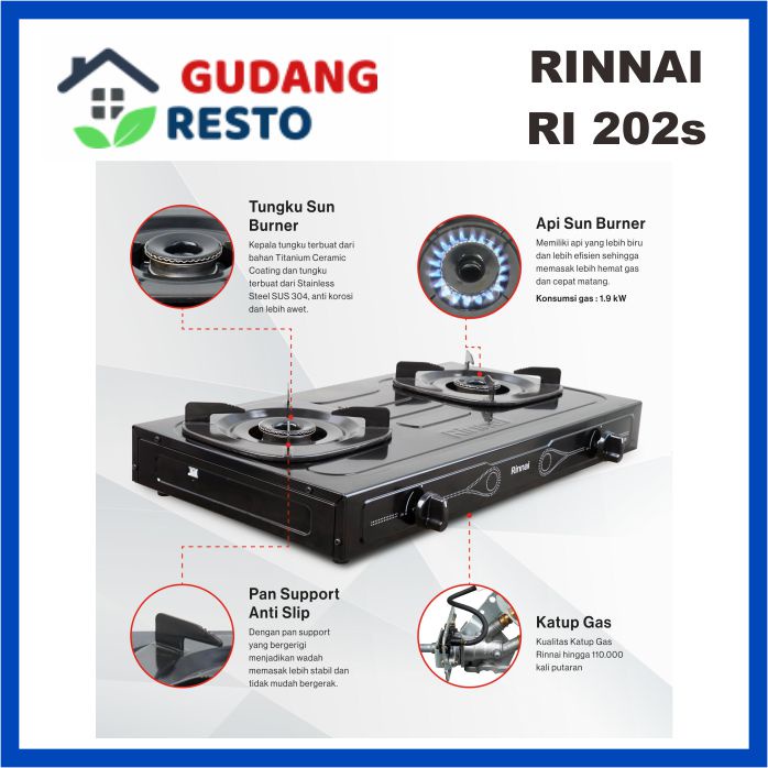 RINNAI RI-202s KOMPOR GAS / LPG 2 TUNGKU / MATA TEFLON RI202s / RI 202 SUN BURNER