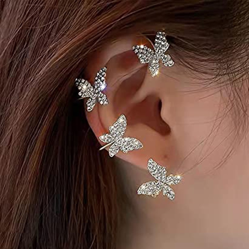 [Women Elegant Butterfly Wrap Ear Clips] [Ladies Rhinestone Statement Earrings] [Korean INS Simple Style Wedding Party Ear Jewelry]