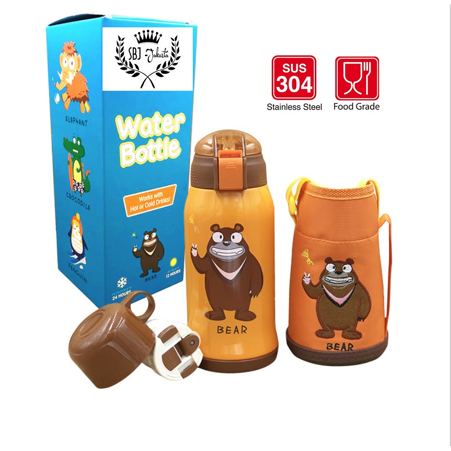 Botol Minum Termos 304 Stainless Steel DUAL CAP dengan TAS Motif Animal / Botol Minum Anak Stainless